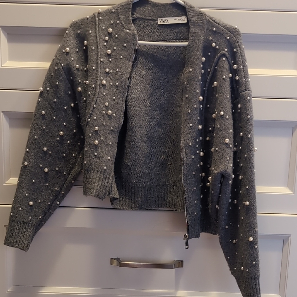 Zara Charcoal Pearl-Studded Cardigan